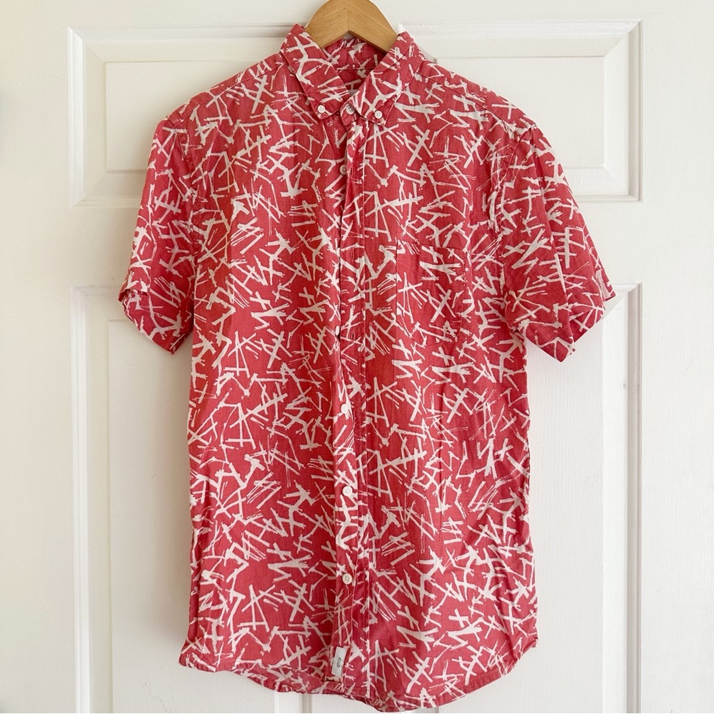 Onia Vacation Camp Linen Collar Abstract Printed Short Sleeve Shirt Orange Small
